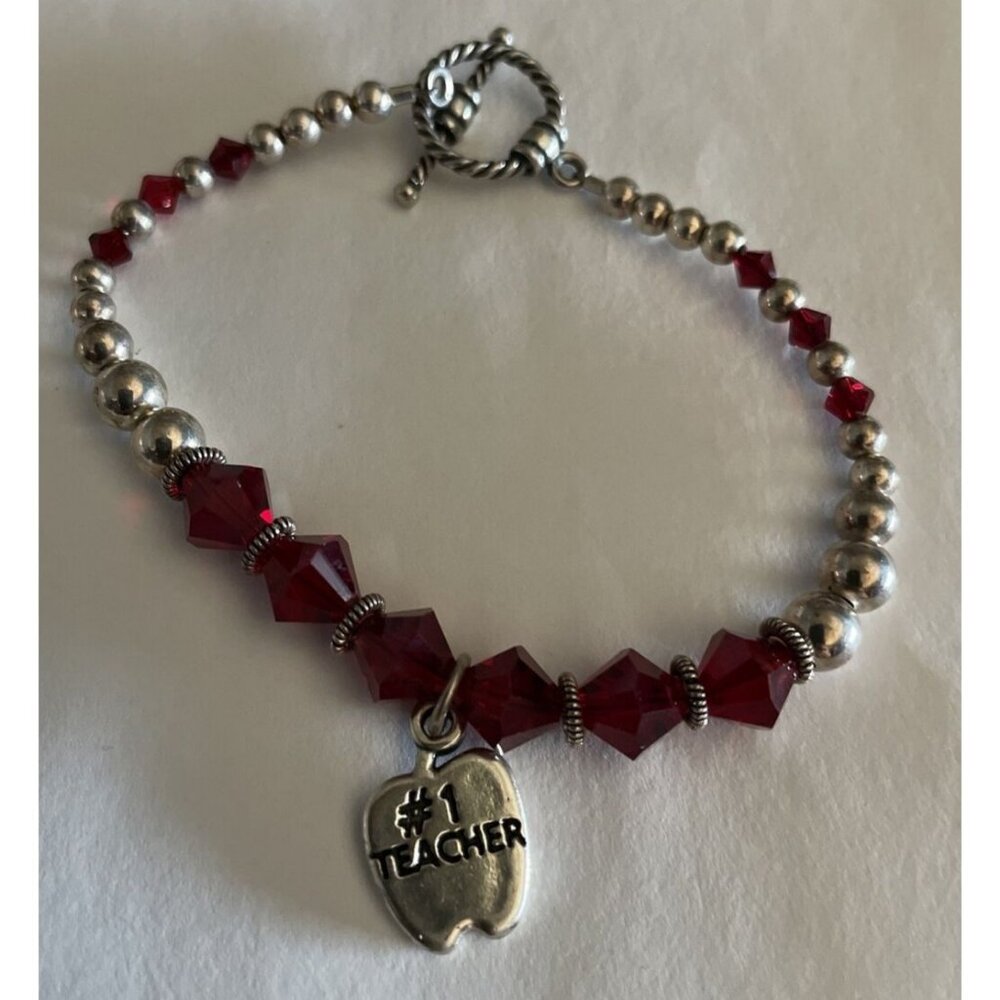 Charm Sterling Silver Red Beaded Bracelet # Teacher Apple Gift Shiny 925 SJC